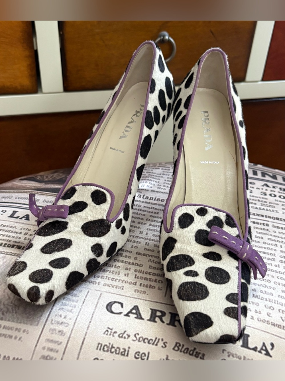 Prada Black-and-White Dalmatian Print Pumps with Purple Trim